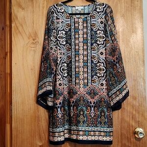 Olivia Matthews Stretch Shift Dress Boho Print Navy Teal Orange Sheer Sleeves L